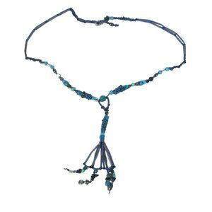 Handcrafted Blue Beaded Tassel Necklace Glass Plastic Stone Beads 18 inch Adj
